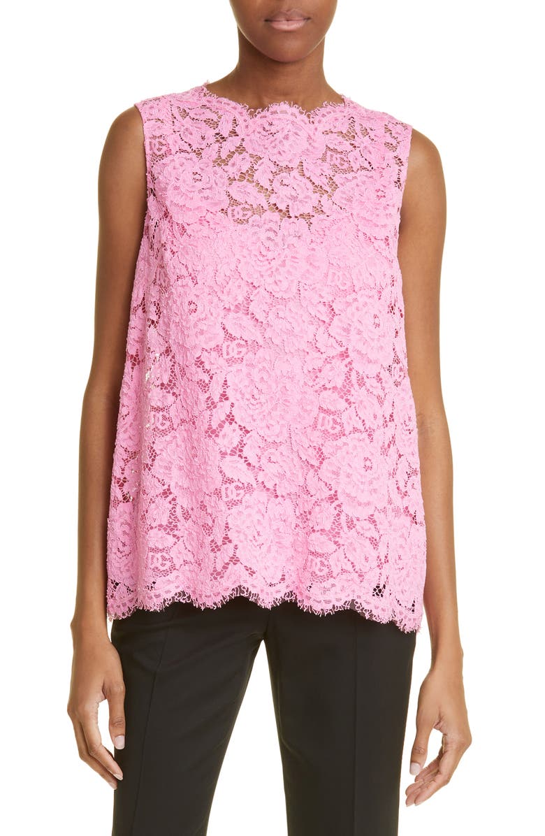 Dolce&Gabbana Branded Stretch Lace Top, Main, color, Bright Pink