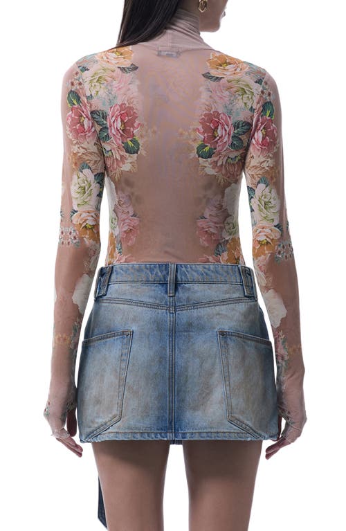 Afrm Zadie Print Turtleneck Mesh Top In Burgundy