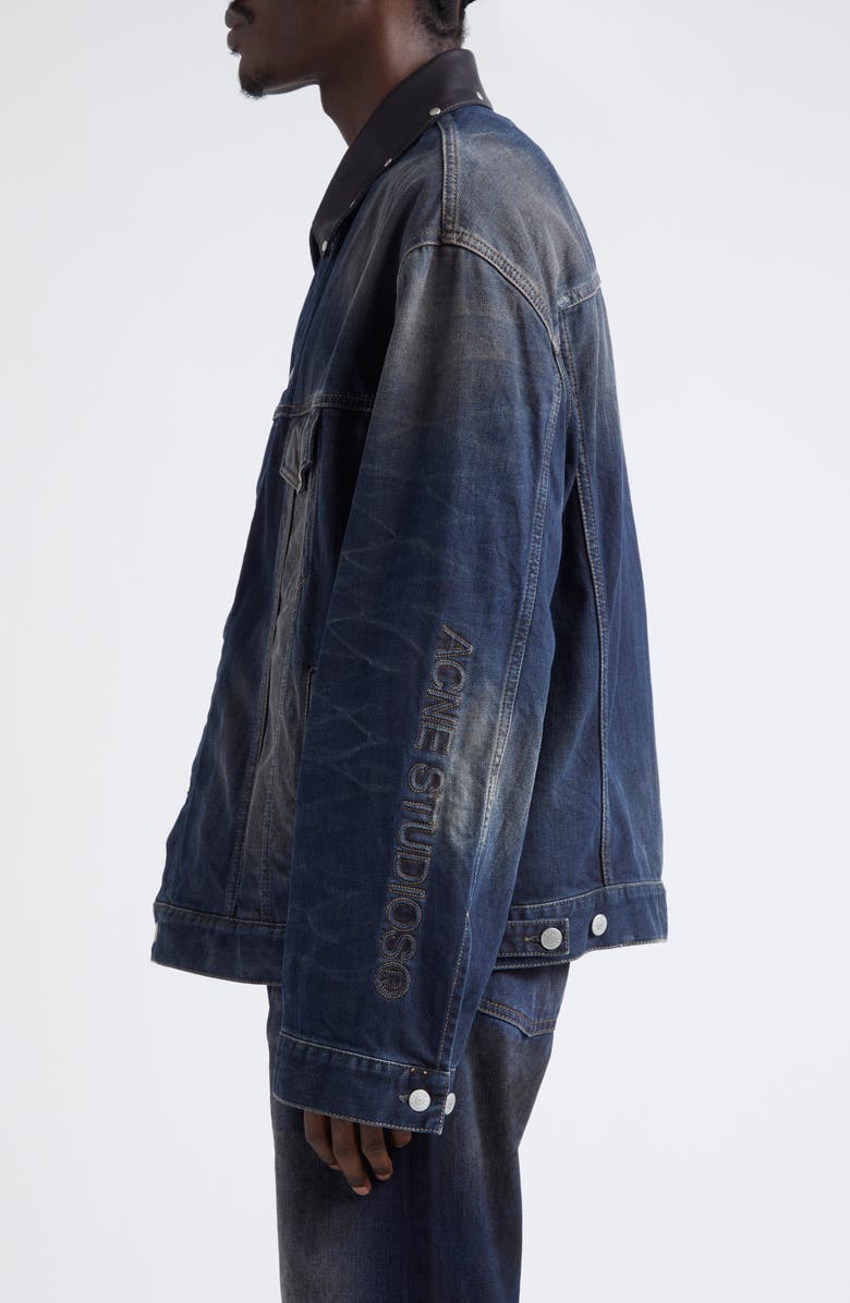 Acne Studios Leather Collar Oversize Denim Jacket, Alternate, color, Dark Blue