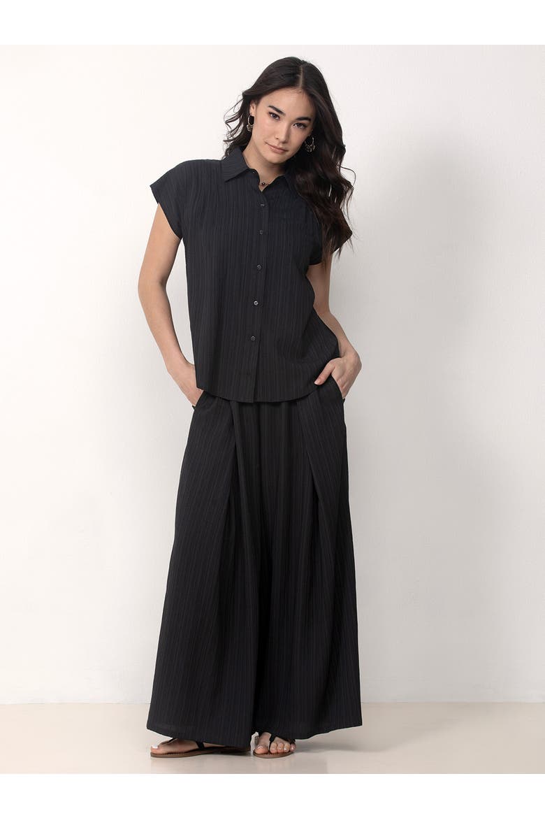 Button Front Shirt with Palazzo Pants Set, Main, color, Black