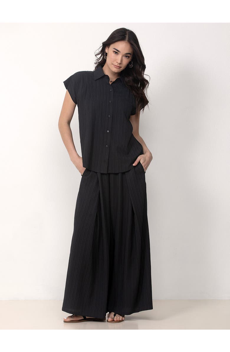 Single Stitch Button Front Shirt with Palazzo Pants Set, Main, color, Black