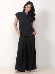 Single Stitch Button Front Shirt with Palazzo Pants Set
