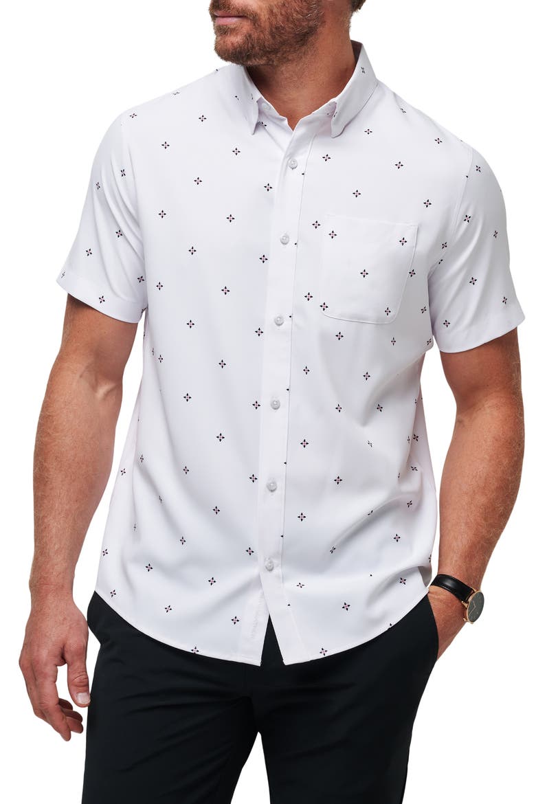Olive Branch Geo Print Short Sleeve Button-Up Shirt, Main, color, WHITE