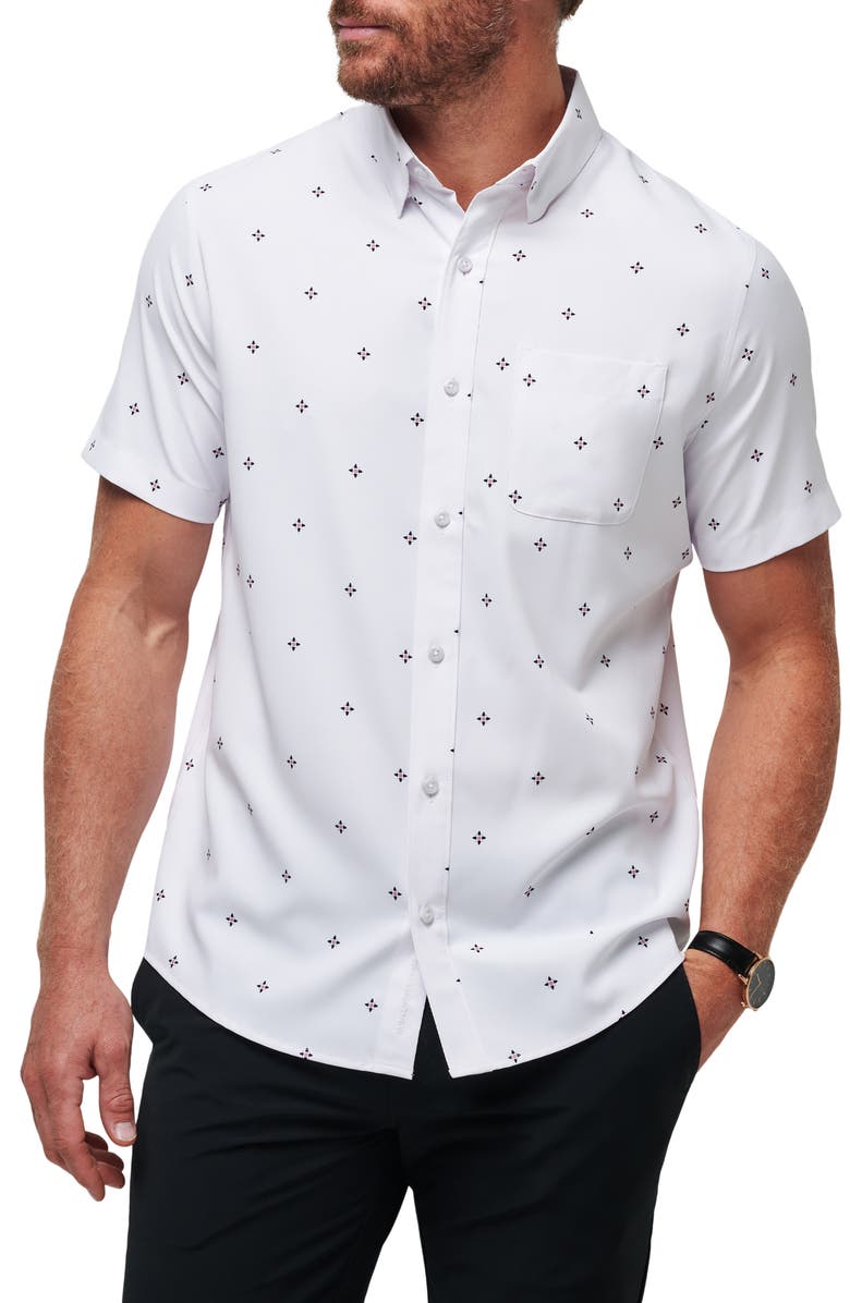 TravisMathew Olive Branch Geo Print Short Sleeve Button-Up Shirt, Main, color, White