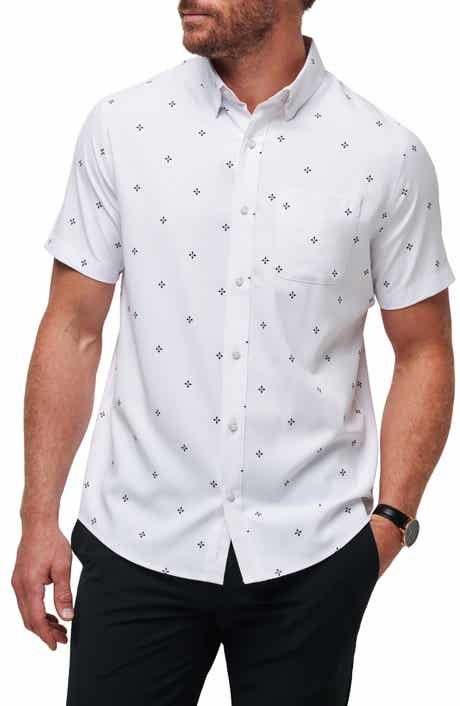 TravisMathew Olive Branch Geo Print Short Sleeve Button-Up Shirt