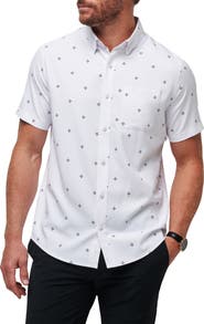 TravisMathew Olive Branch Geo Print Short Sleeve Button-Up Shirt