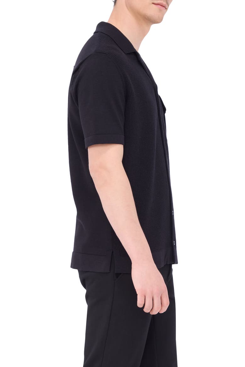 Camp Collar Short Sleeve Cotton & Silk Shirt Sweater, Alternate, color, BLACK