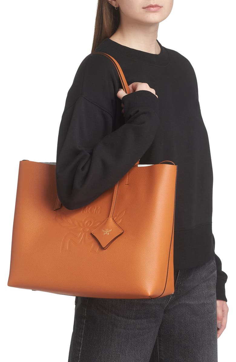 MCM Medium Lauretos Reversible Leather Shopper Bag, Alternate, color, Cognac