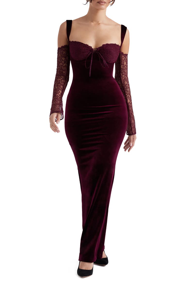 Cold Shoulder Long Sleeve Velvet & Lace Gown, Main, color, BROWN CHERRY