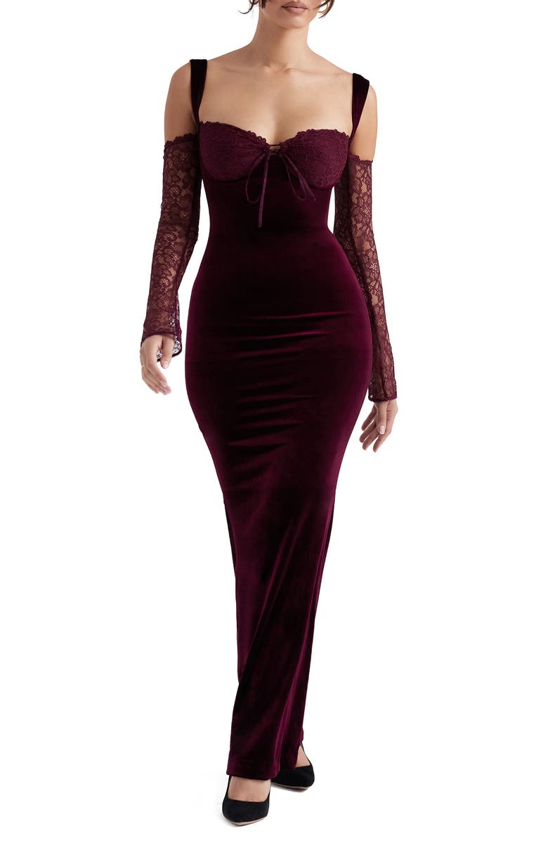 HOUSE OF CB Cold Shoulder Long Sleeve Velvet & Lace Gown, Main, color, 