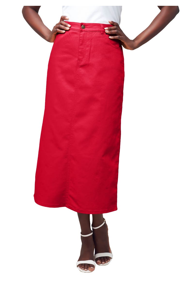 True Fit Stretch Denim Midi Skirt, Main, color, VIVID RED
