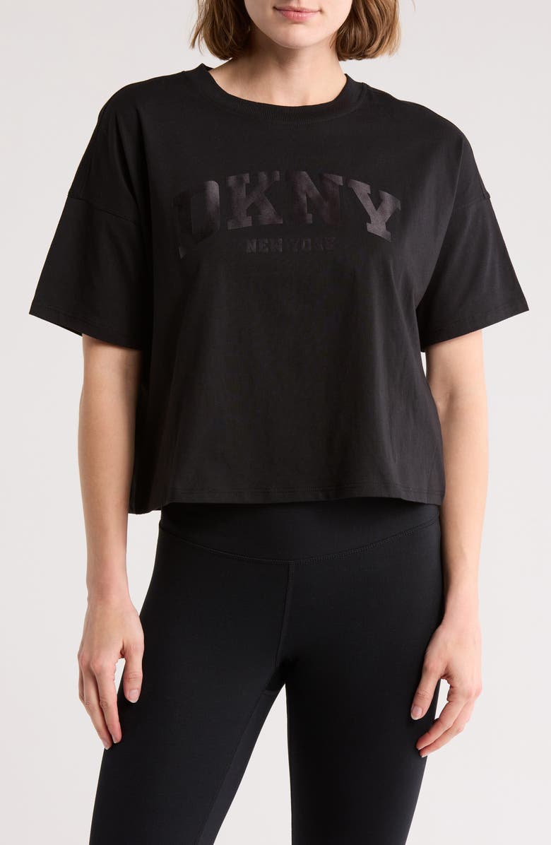 DKNY Varsity Satin Logo Boxy Crop T-Shirt, Main, color, 