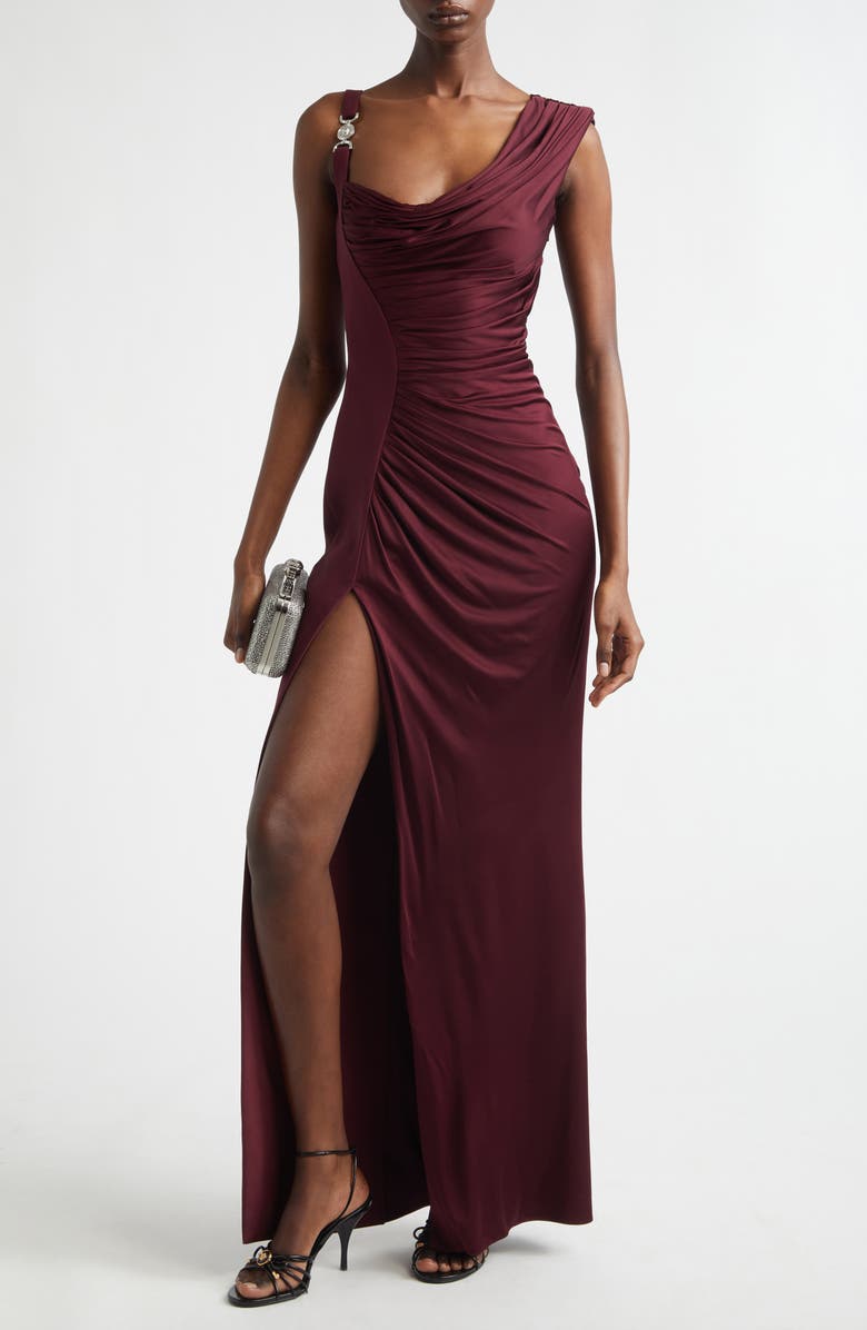 Versace Medusa '95 Draped Crepe & Jersey Gown, Alternate, color, Burgundy