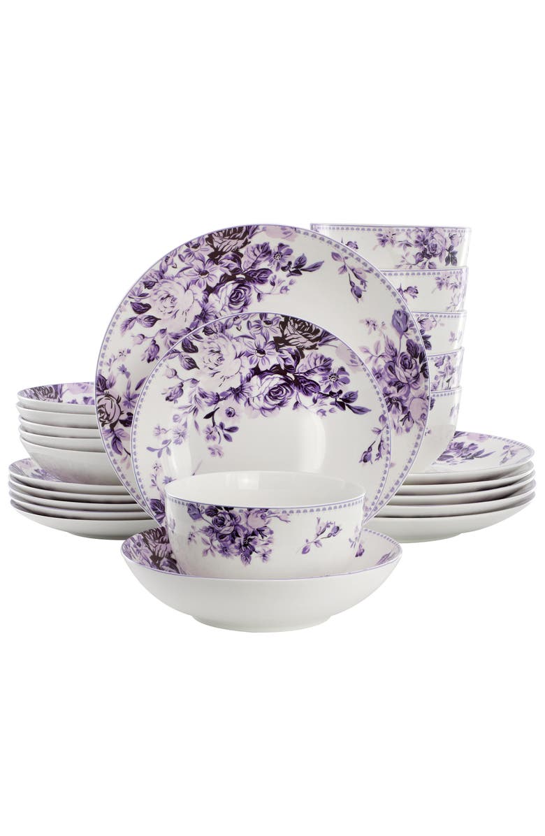 Elama Traditional Purple Rose 24 Piece Porcelain Double Bowl Dinnerware Set, Main, color, Purple