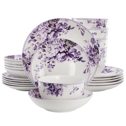 Traditional Purple Rose 24 Piece Porcelain Double Bowl Dinnerware Set