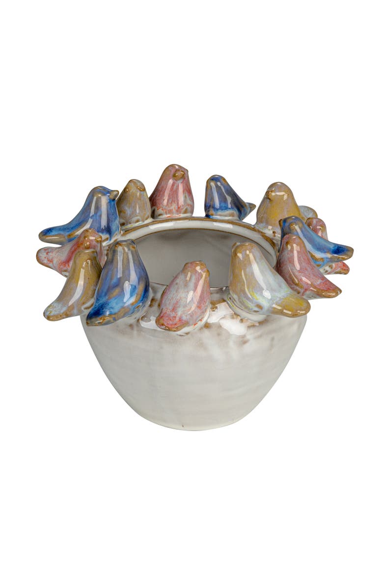 Storied Home Stoneware Planter with Birds on Rim and Reactive Glaze, Multicolor, Main, color, White