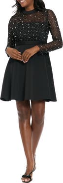 London Times Embellished Long Sleeve Fit & Flare Minidress