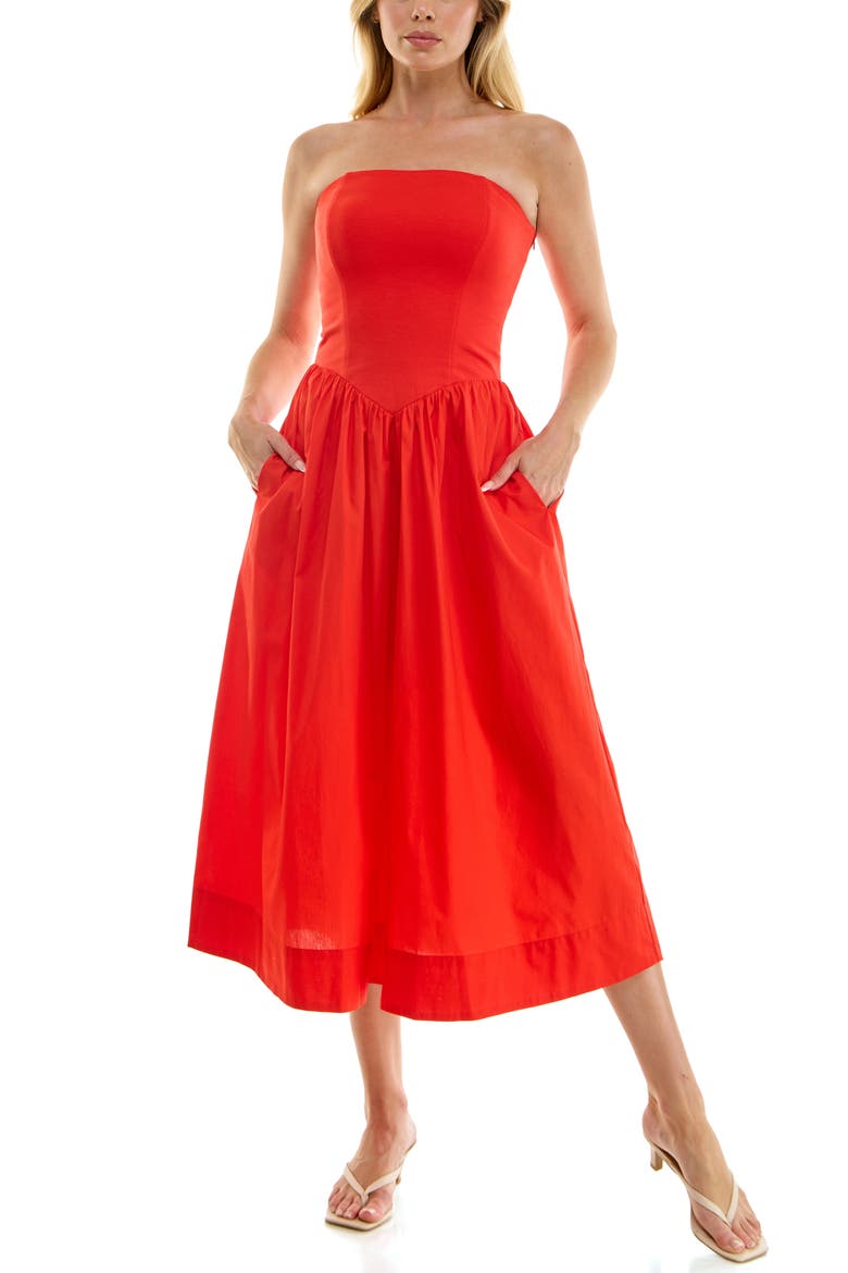 Mixed Media Strapless Midi Dress, Main, color, RED