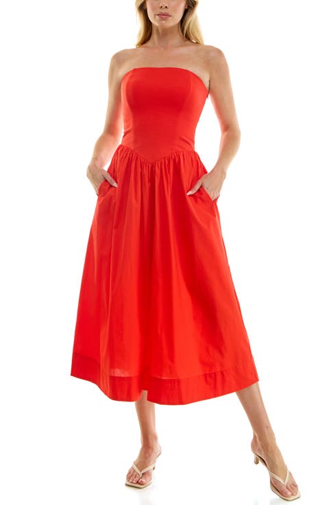 Mixed Media Strapless Midi Dress