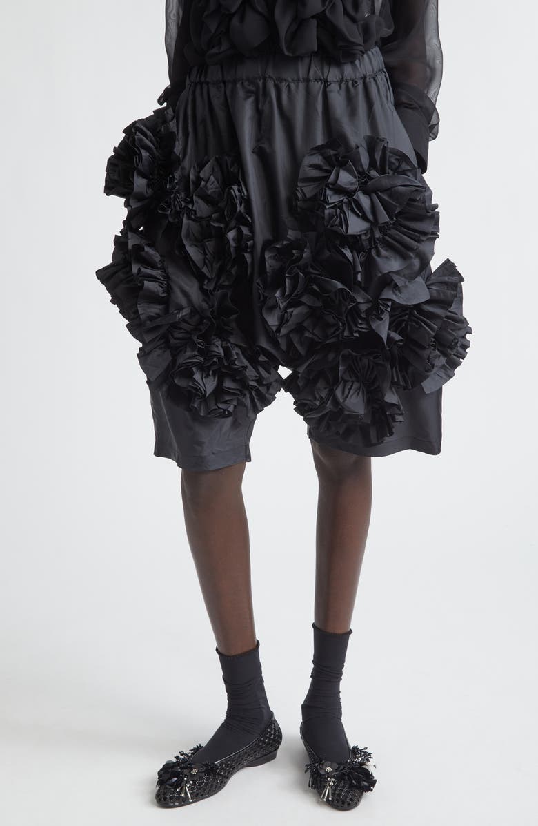 Comme des Garçons Comme des Garçons Ruffle Rosette Taffeta Shorts, Main, color, Black
