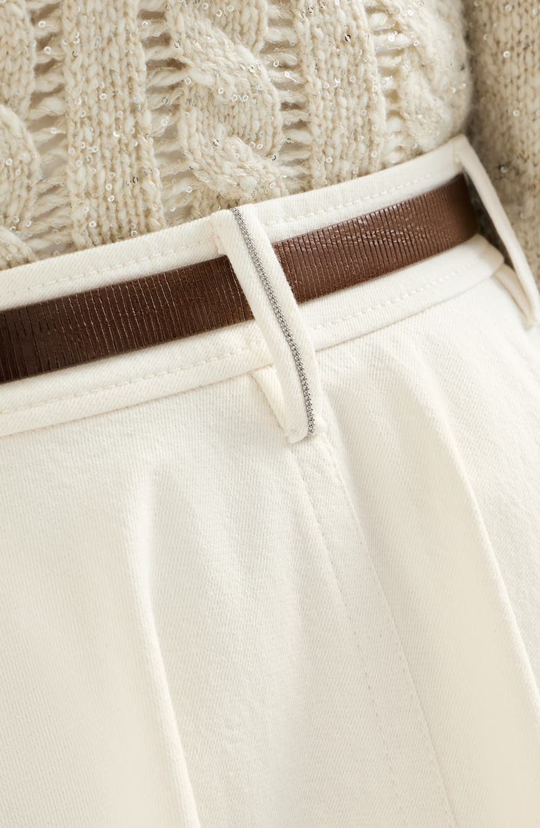 Brunello Cucinelli Dyed cotton and wool wrinkled denim full skirt with monili, Alternate, color, Panama