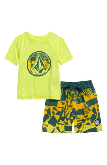 Volcom Babies'  Rashguard Top & Swim Shorts Set In Green