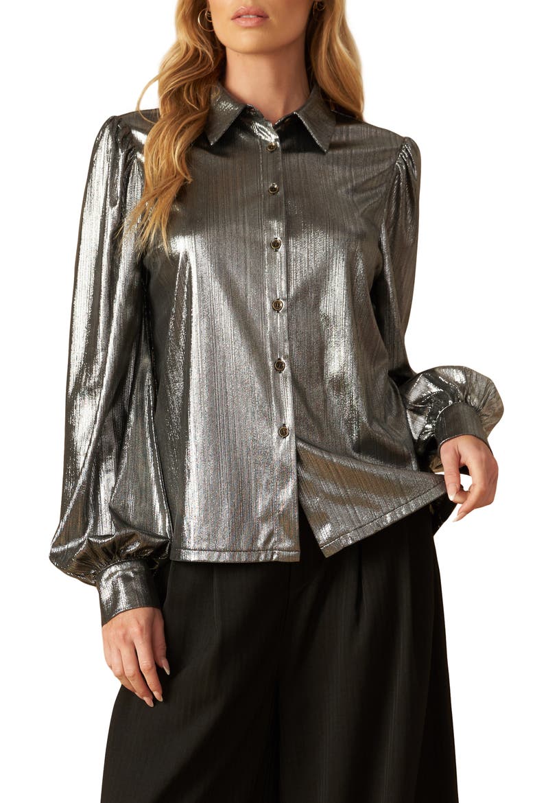 Foil Coated Button-Up Shirt, Main, color, SILVER