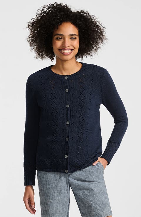 Lands' End Pointelle Crew Neck Cardigan Sweater
