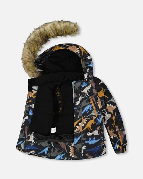 Deux Par Deux Two-piece Play Snowsuit With Dinosaurs Jacket In Blue