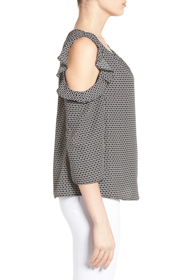 Gibson Ruffled Cold Shoulder Blouse, Alternate, color, BLACK/ NATURAL PRINT