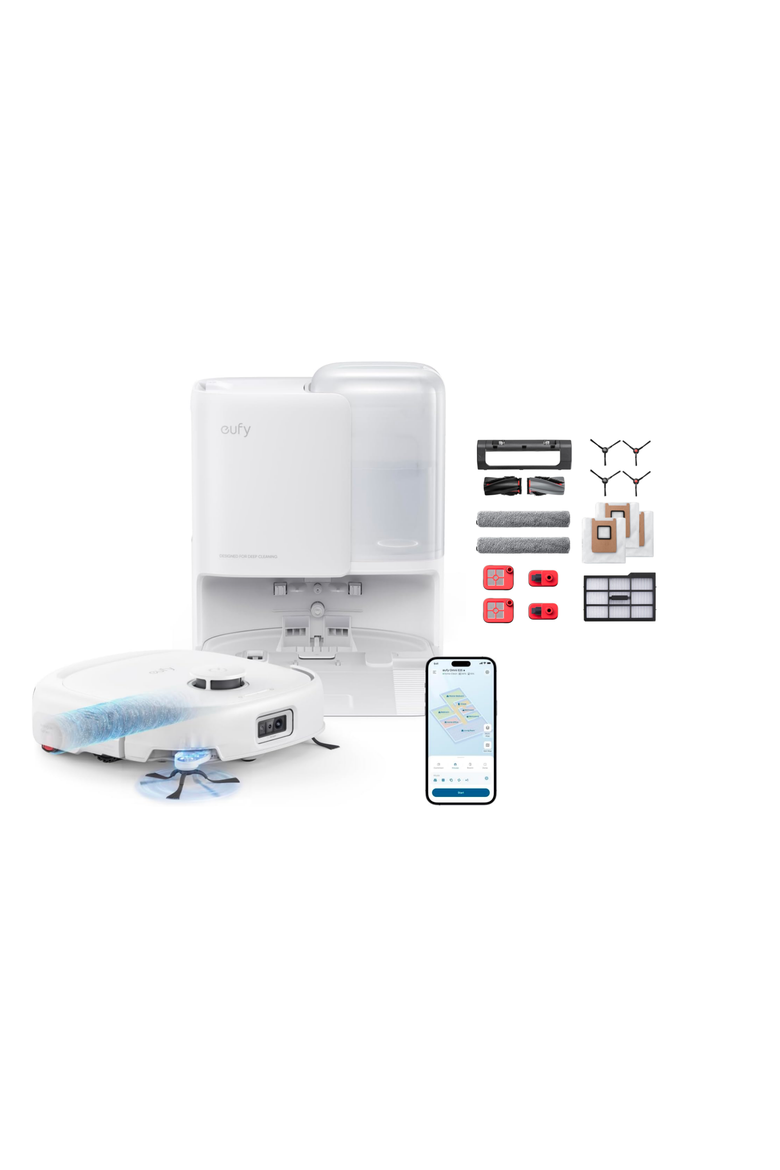 E25 Omni Robot Vacuum Self-Cleaning All-in-One Station with Official Replacement Parts Kit, Main, color, White