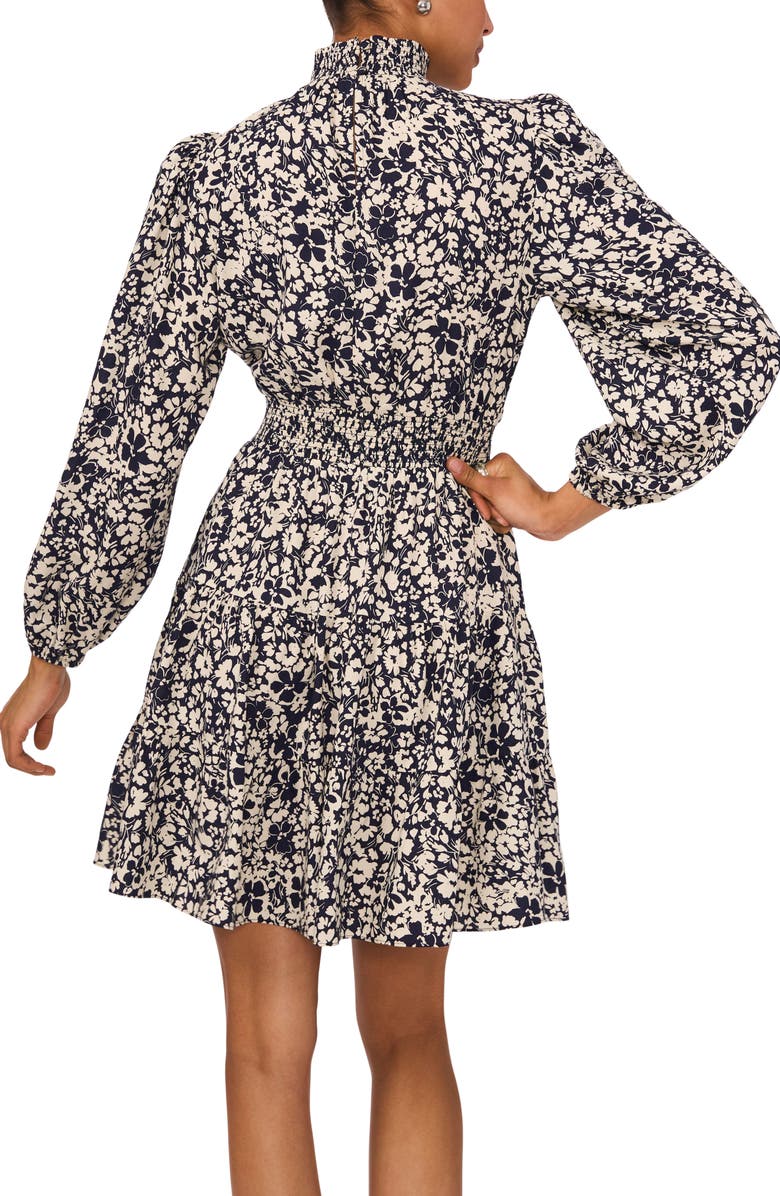 1.STATE Print Smocked Long Sleeve Dress, Alternate, color, Indigo Night