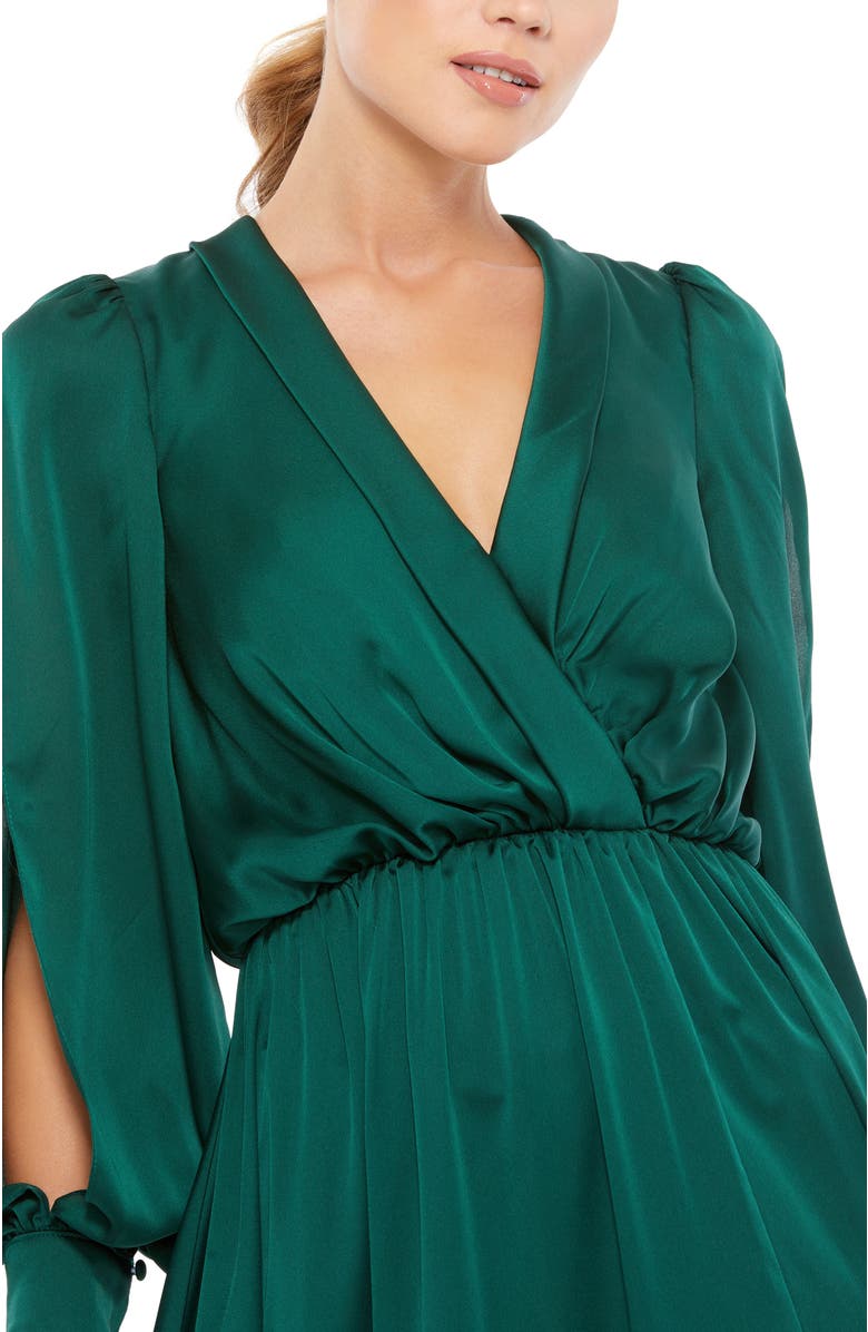 Mac Duggal Satin Dress with Cinched Waist and Thigh-High Slit, Alternate, color, Deep Emerald