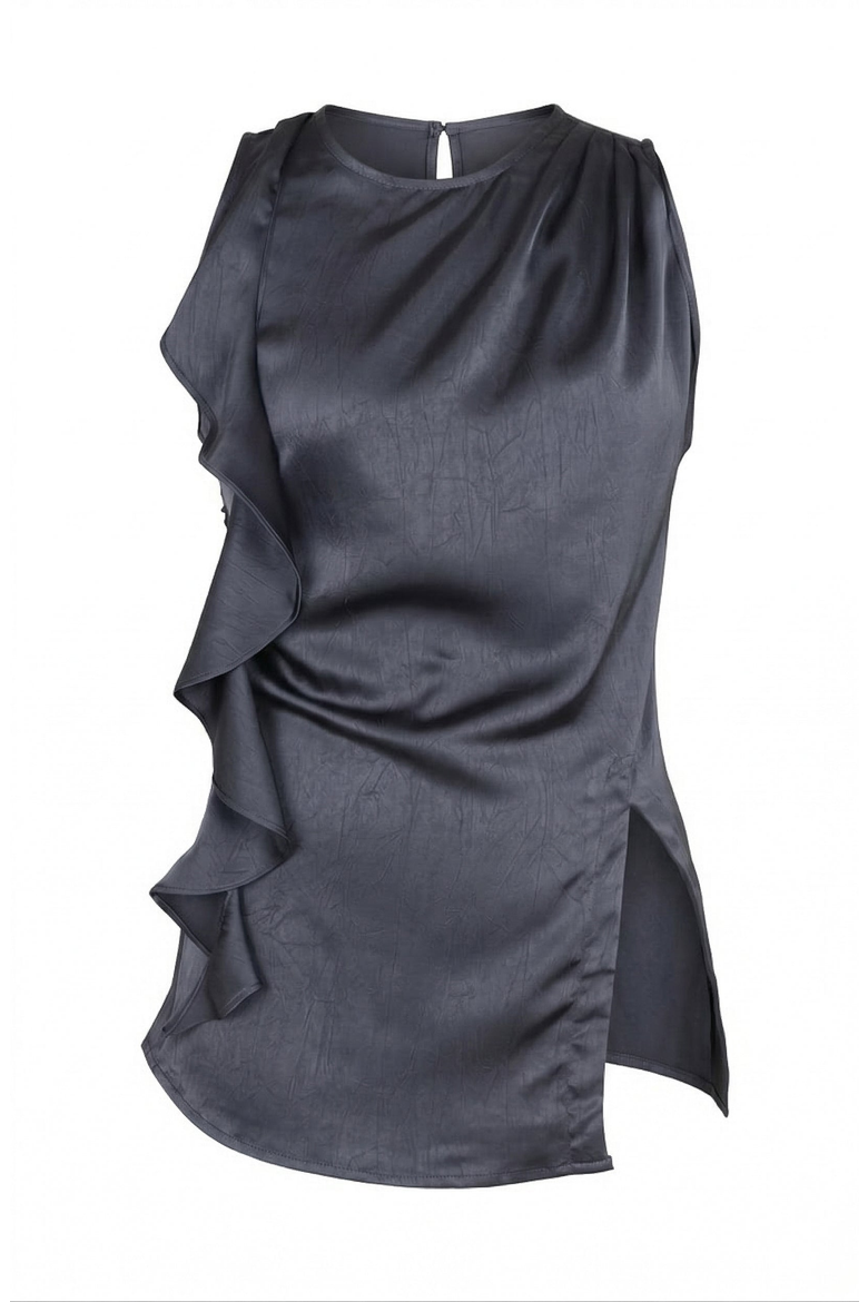 Sleeveless Blouse with Asymmetric Ruffle and Draped Detail, Alternate, color, Charcoal Gray