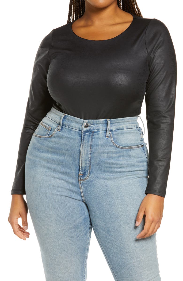 Good American Crewneck Faux Leather Bodysuit, Main, color,