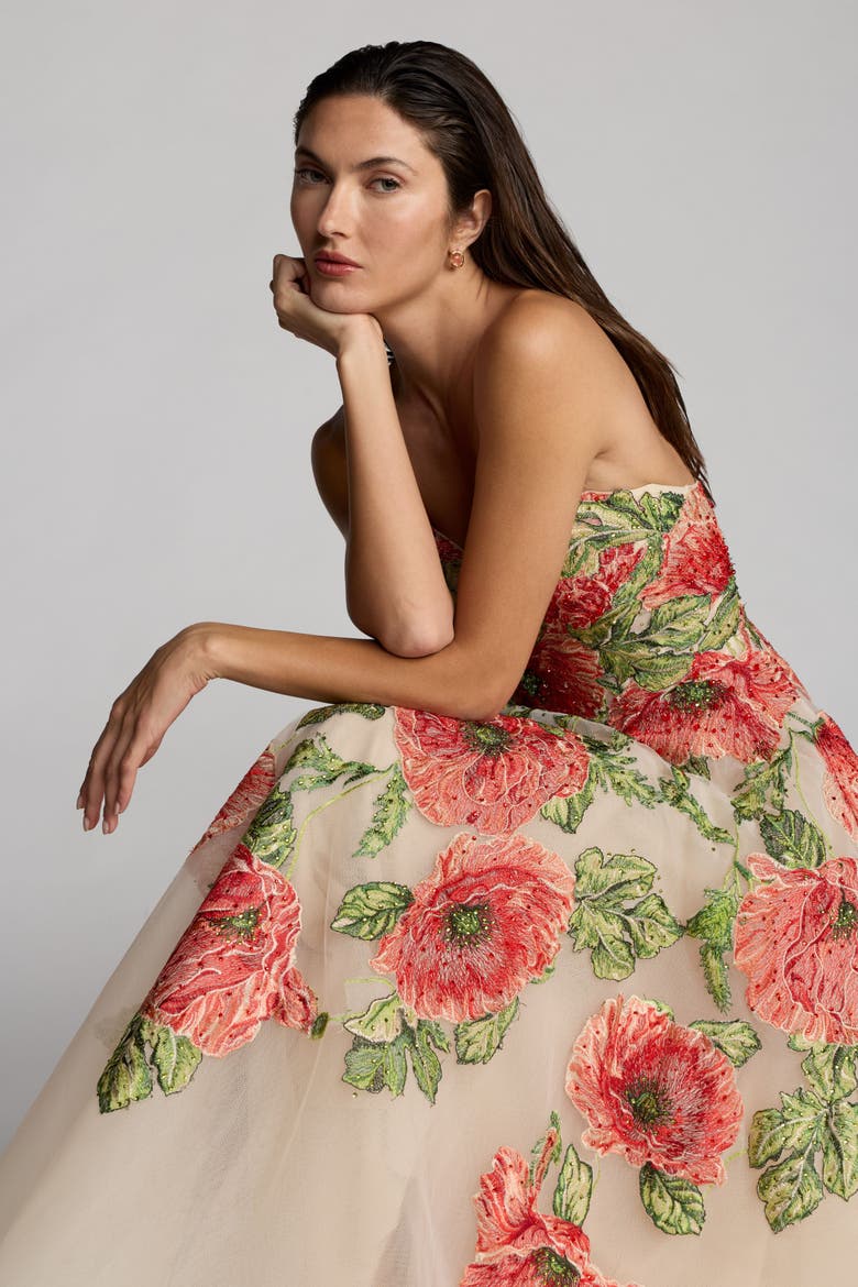 Embroidered Mesh Strapless A Line Midi Dress, Alternate, color, Nude Multi