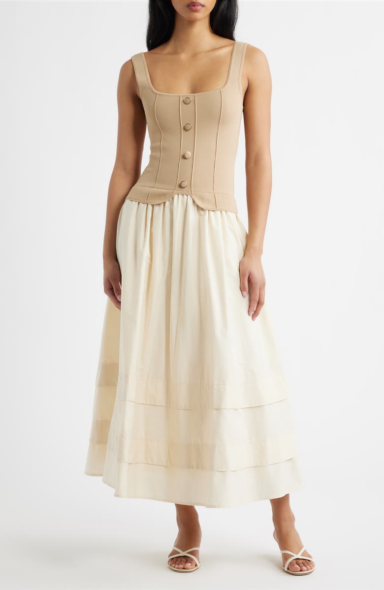 MOON RIVER Mixed Media Midi Dress, Main, color, Khaki