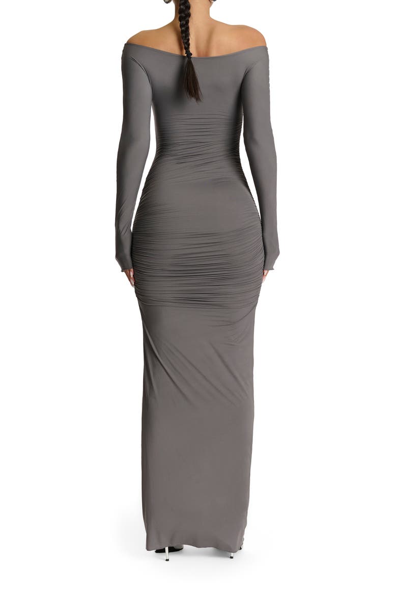 Ruched Off the Shoulder Long Sleeve Maxi Dress, Alternate, color, CHARCOAL
