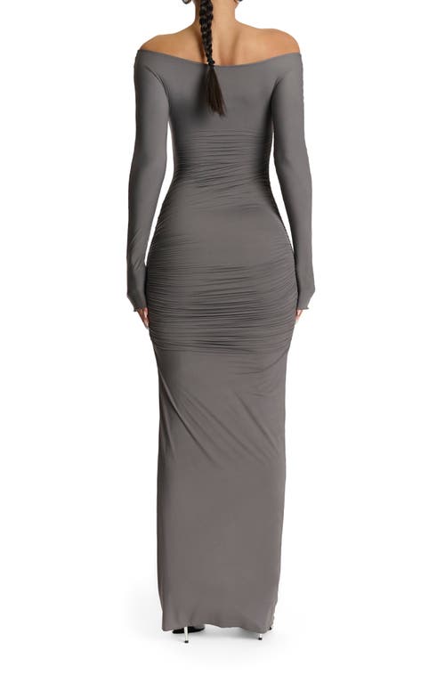 Shop Naked Wardrobe Ruched Off The Shoulder Long Sleeve Maxi Dress In Charcoal