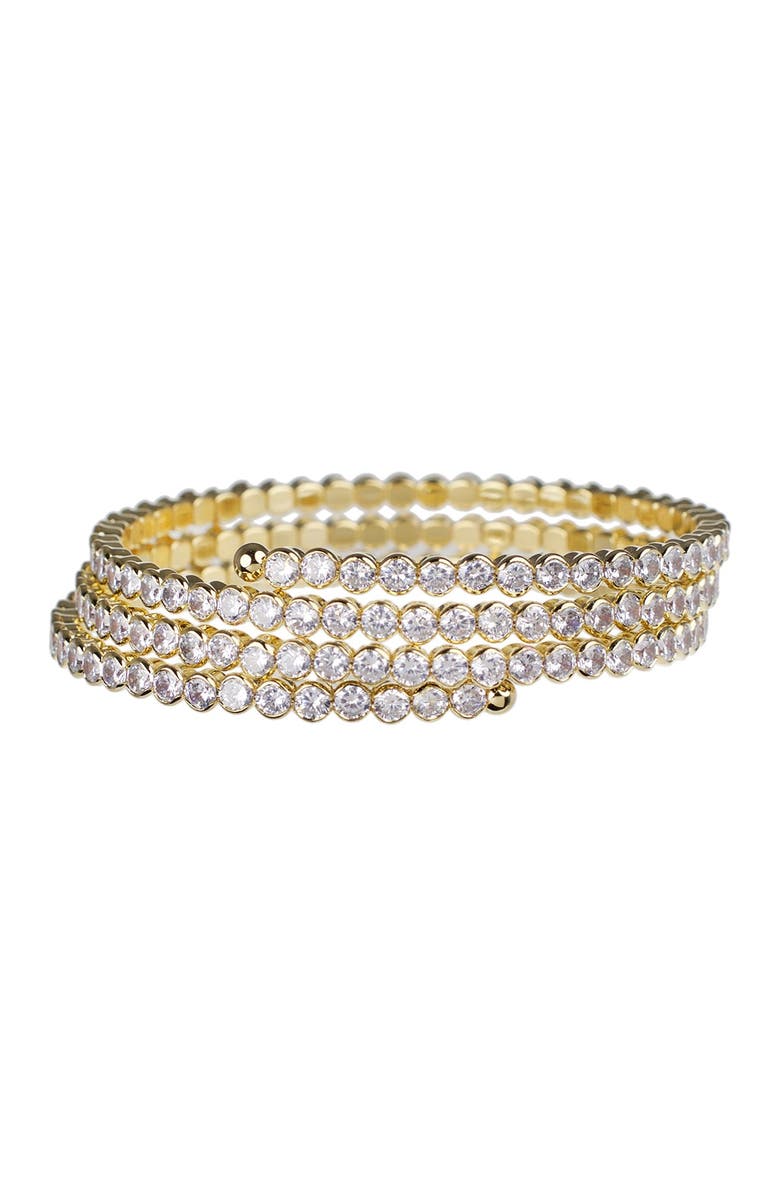 CZ by Kenneth Jay Lane 18K Gold Plated Three Individual Row Round Cubic Zirconia Stretch Bracelet, Main, color, 