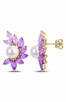 Cultured Freshwater Pearl & Amethyst Stud Earrings