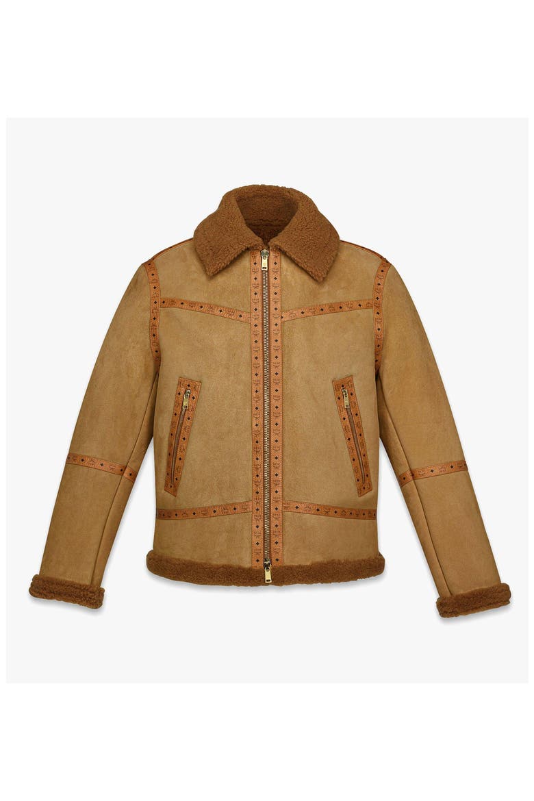 Jacket in Suede Shearling and Monogram Print Leather, Main, color, Cognac