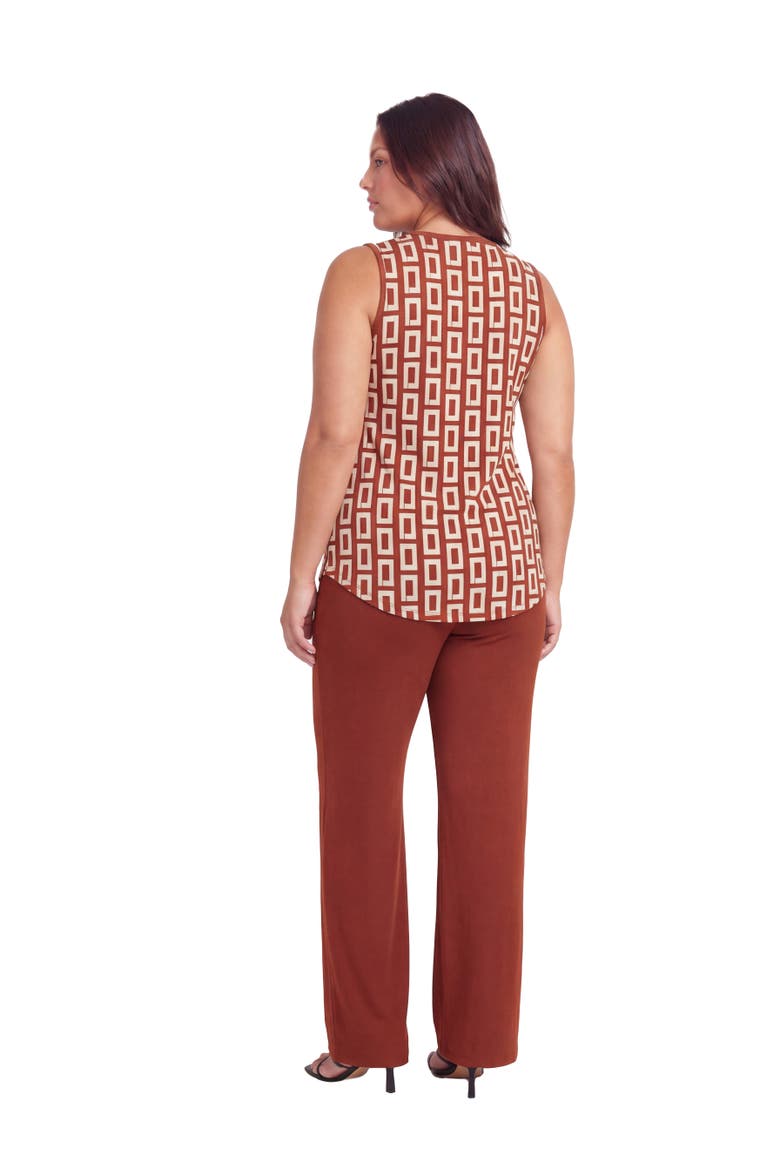Curvy Essential Abstract Print V-Neck Sleeveless Round Hem Top and Elastic Waist Flared Pant Set, Alternate, color, Orange Multi