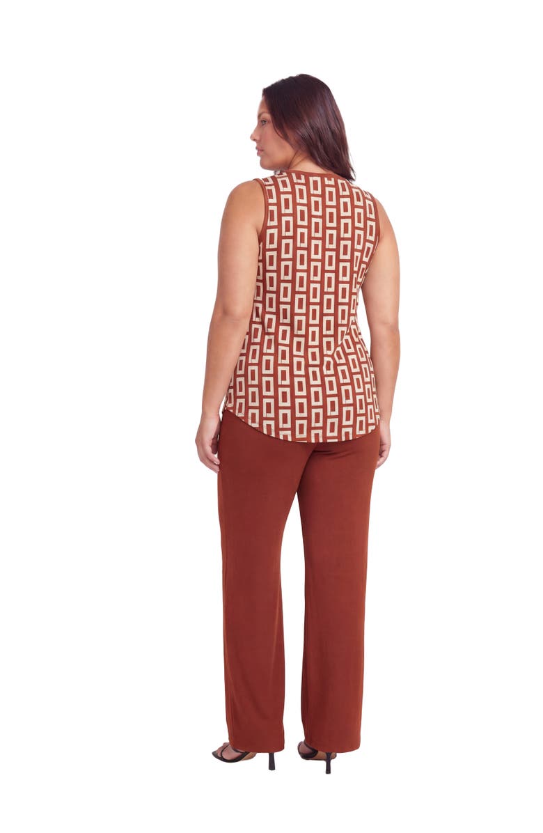24seven Comfort Apparel Curvy Essential Abstract Print V-Neck Sleeveless Round Hem Top and Elastic Waist Flared Pant Set, Alternate, color, Orange Multi