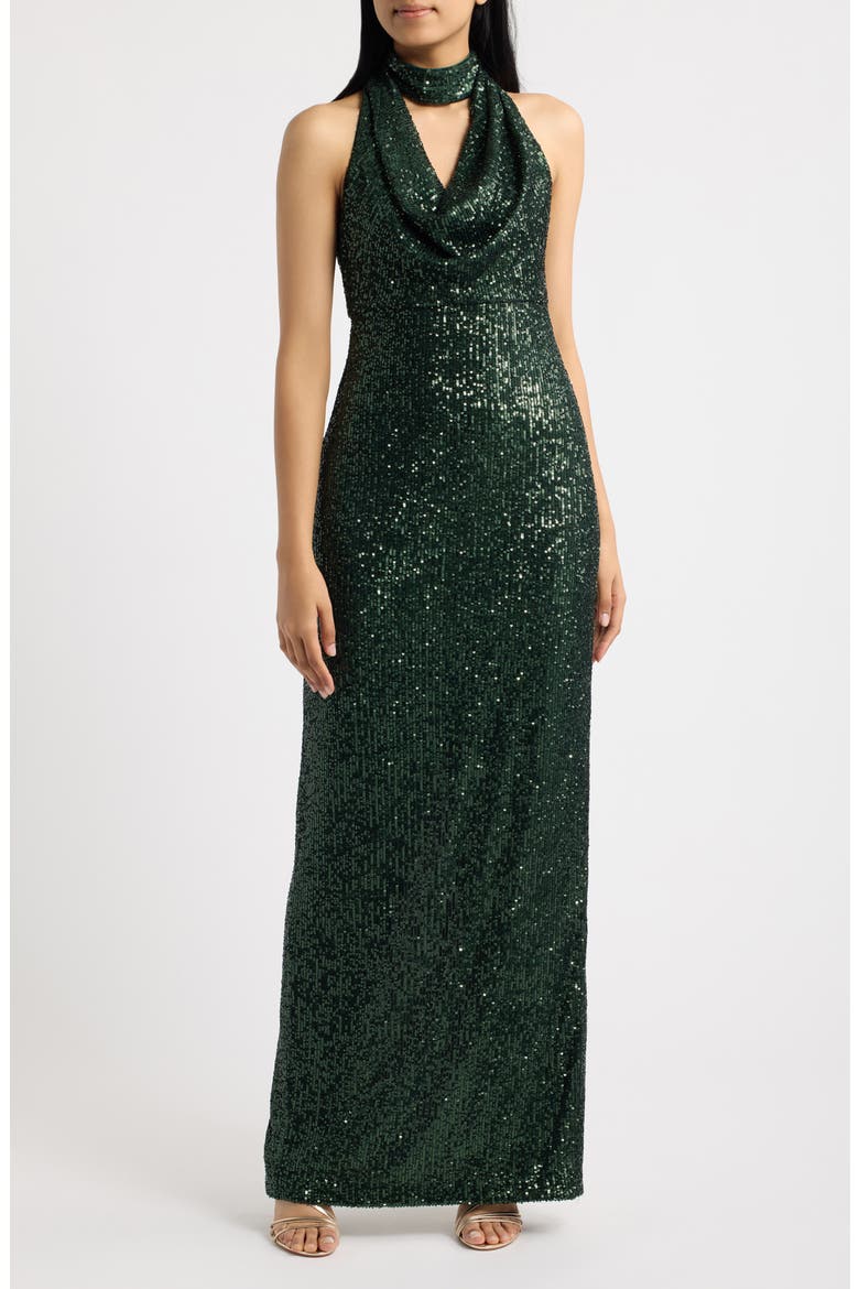 Sequin Choker Cowl Neck Gown, Main, color, EMERALD