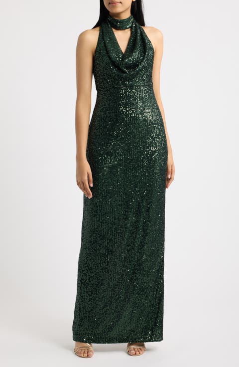 Sequin Choker Cowl Neck Gown