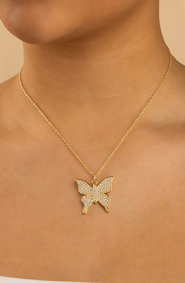Sterling Forever Pavé Butterfly Pendant Necklace, Alternate, color, Gold