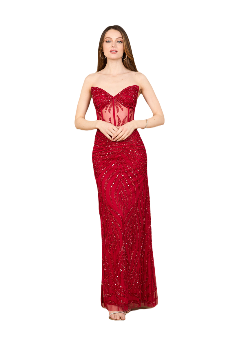 LARA New York Beaded Corset Prom Dress with Slit, Main, color, Red
