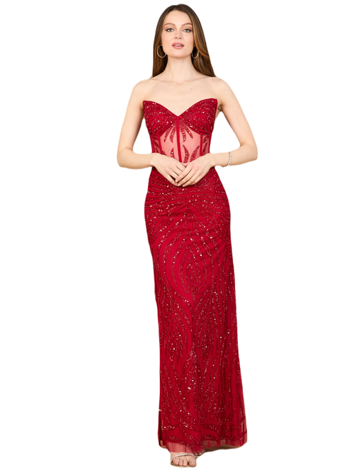 Lara New York Beaded Corset Prom Dress With Slit In Red