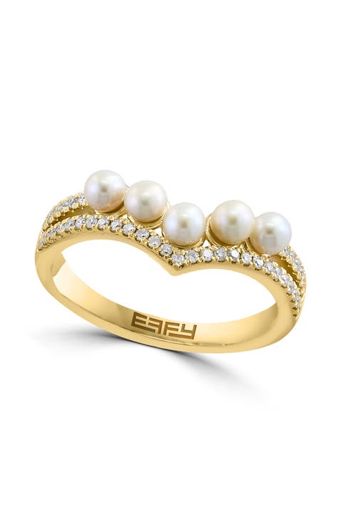14K Yellow Gold Diamond Fresh Water Pearl Tiara Ring